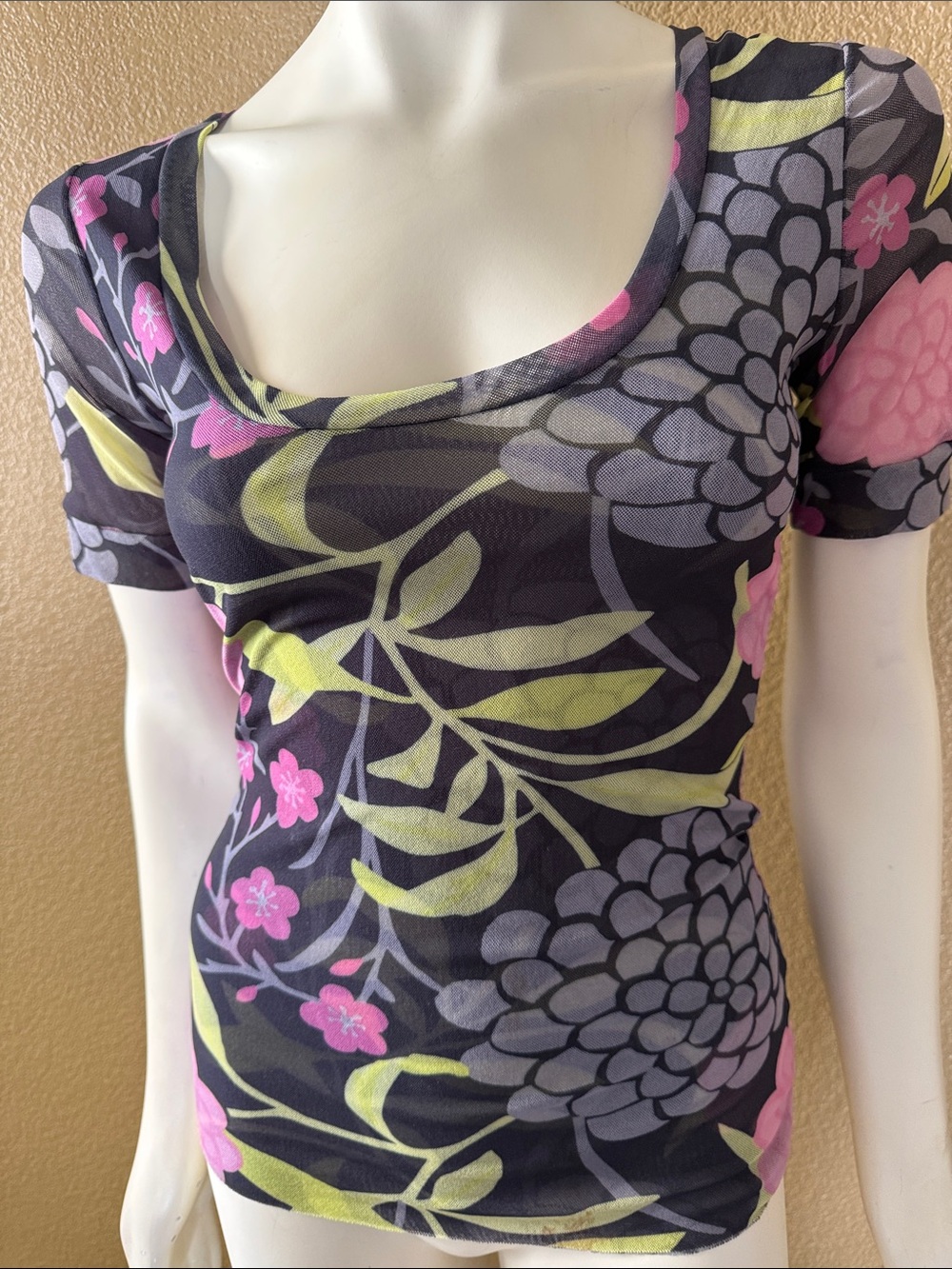 Sweet Pea Black Floral Scoop Neck Top with Pink and Lime Accents